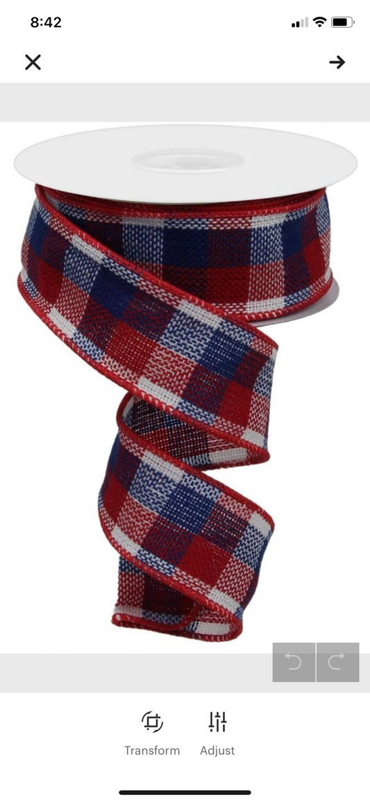 10 Yards - 1.5” Wired Red, White, and Blue Check Ribbon