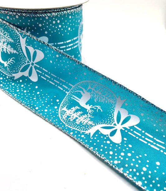 10 Yards - 2.5” Wired Teal Blue Satin Deer Snowglobe Ornament Ribbon