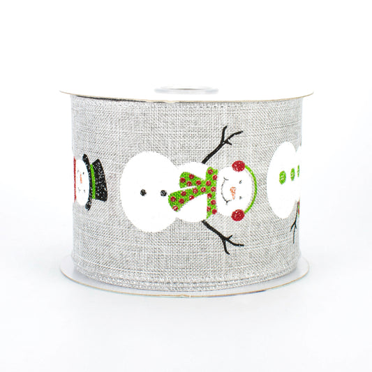 10 Yards - 2.5” Wired Light Gray Background Glitter Accent Snowman Ribbon