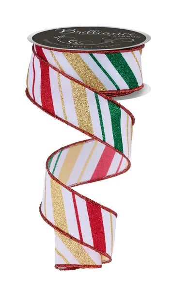 Wired Multi Color Diagonal Stripes Ribbon- 1.5”x10 Yards