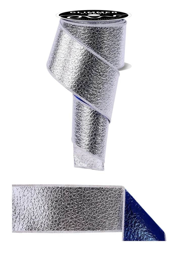 Wired Silver and Royal Blue Double Sided Ice Crackle/Smooth Fused Ribbon- 2.5”x10 Yards