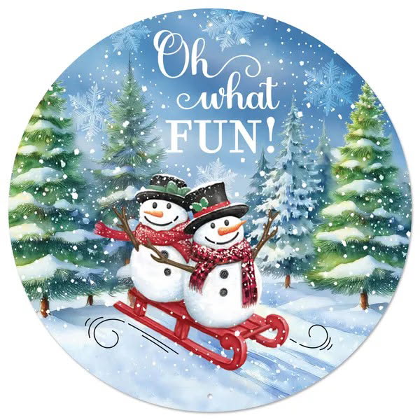 12” Round Metal Oh What Fun Snowman Wreath Sign