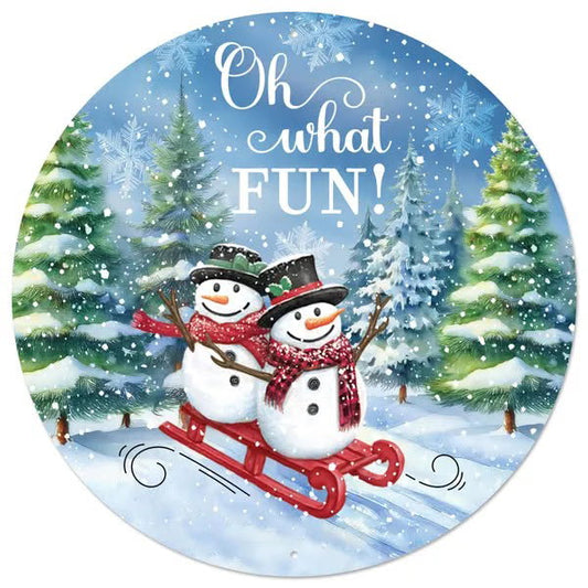 12” Round Metal Oh What Fun Snowman Wreath Sign