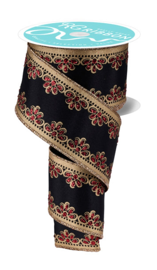 Wired Black, Gold and Red Luxurious Scallop Trim Ribbon- 2.5”x10 Yards