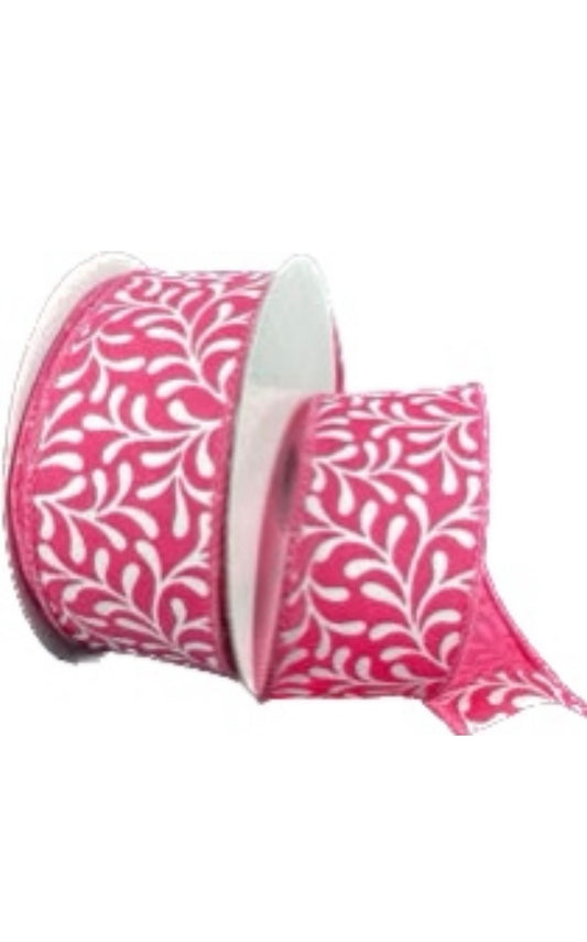Wired Fuchsia Satin White Rounded Vines Ribbon- 1.5” x 10 Yards