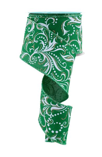 10 Yards- 2.5” Wired Emerald Green and White Leaf Filagree Ribbon