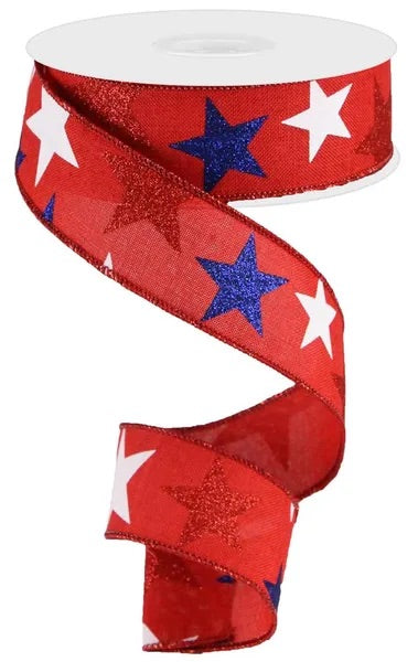 Wired Patriotic Red White Blue Stars Ribbon- 1.5”x 10 Yards