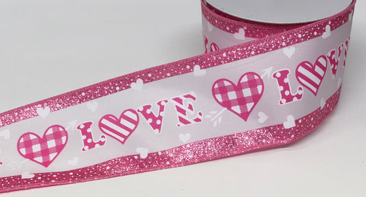 10 Yards - 2.5" Wired Pink Love Valentines Day Heart Ribbon with Glitter Accent