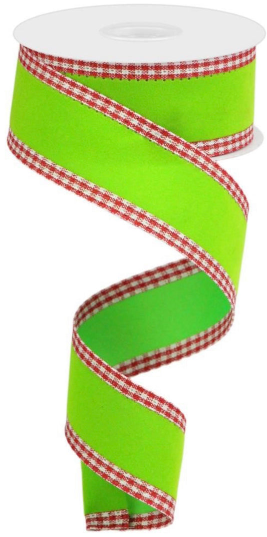 10 Yards - 1.5” Lime Green Velvet Christmas Ribbon with Red and White Gingham Edge