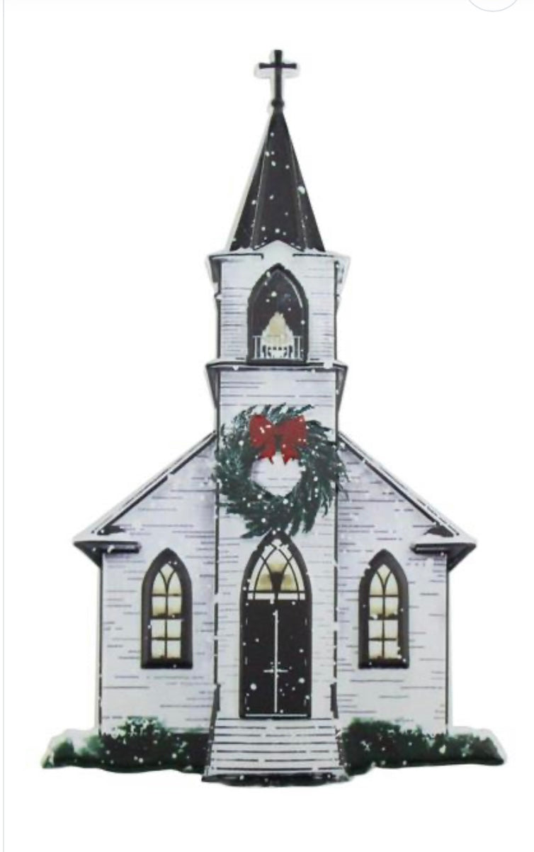 12”x7.5” Metal Church In Winter Wreath Sign