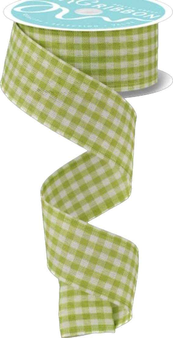 1.5” x 10 Yards Wired Apple Green and White Gingham Ribbon