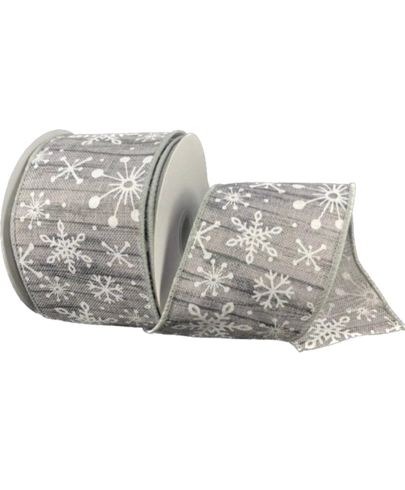 10 Yards - 2.5" Wired Gray Background White Snowflake Ribbon