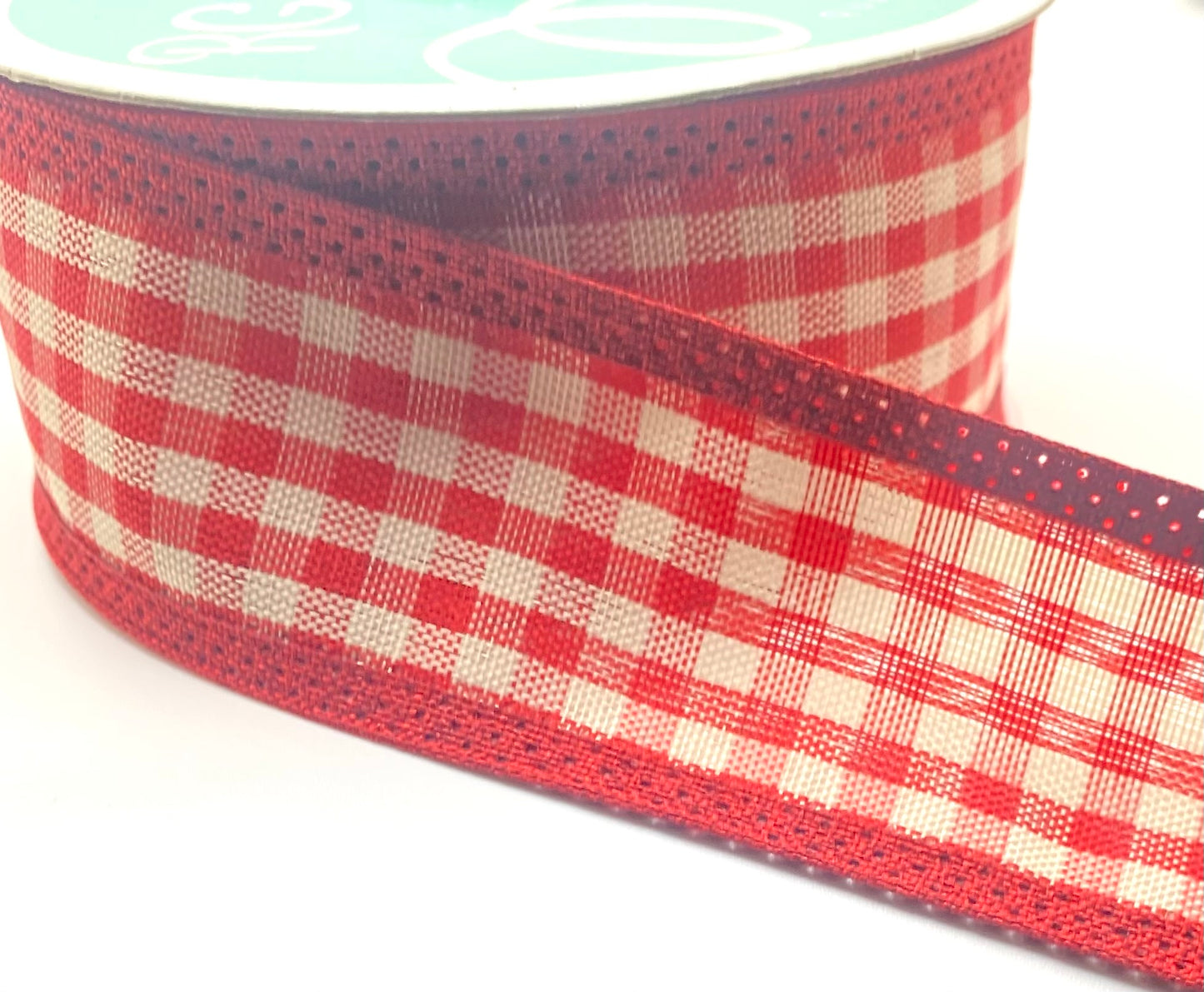 10 Yards - 1.5" Wired Red and Cream Gingham Check Ribbon