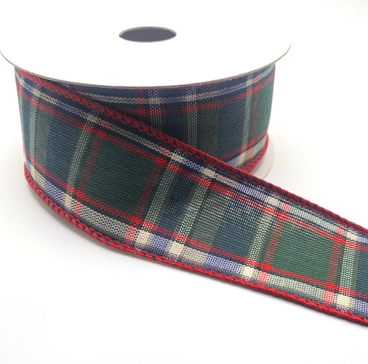 10 Yards - 1.5” Wired Red, Green, Blue and White Christmas Plaid Ribbon