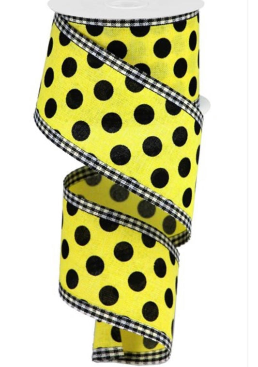 10 Yards - 2.5” Wired Yellow with Black Polka Dot with Gingham Edge Ribbon