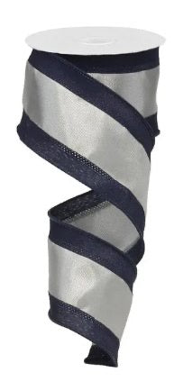 10 Yards - 2.5” Wired Navy and Silver Stripe Satin Ribbon