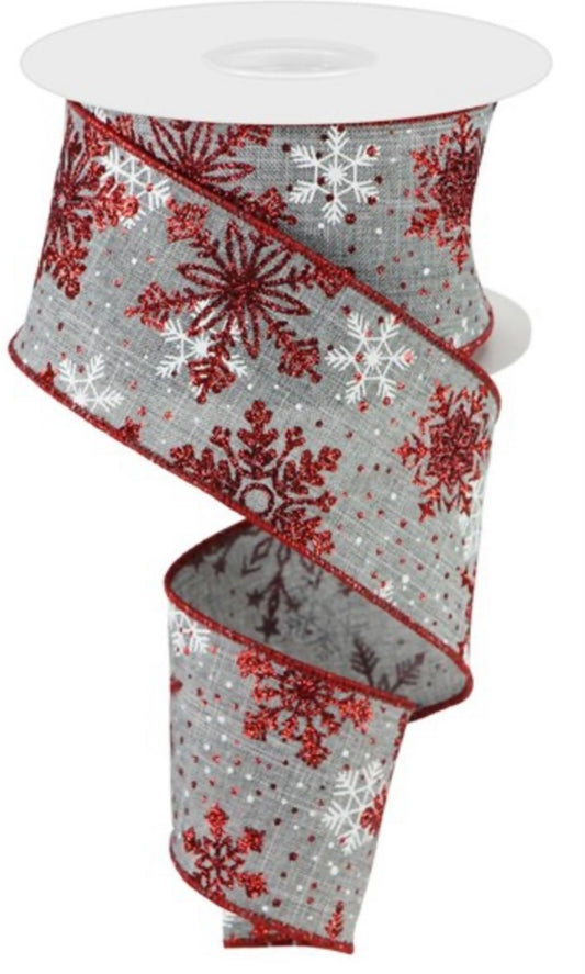 10 Yards - 2.5" Wired Gray Background Red and White Glitter Snowflake Ribbon