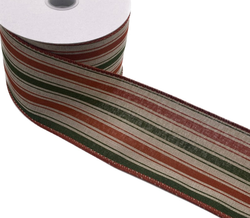 10 Yards - 2.5" Wired Natural Linen Background Orange and Green Vertical Stripes Ribbon