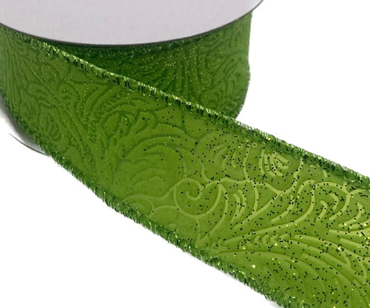 10 Yards - 1.5” Wired Lime Green with Glitter Floral Embossed Ribbon