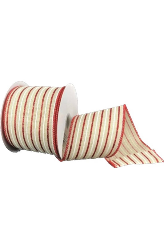 10 Yards - 2.5" Wired Natural Background White with Red Glitter Stripe Ribbon