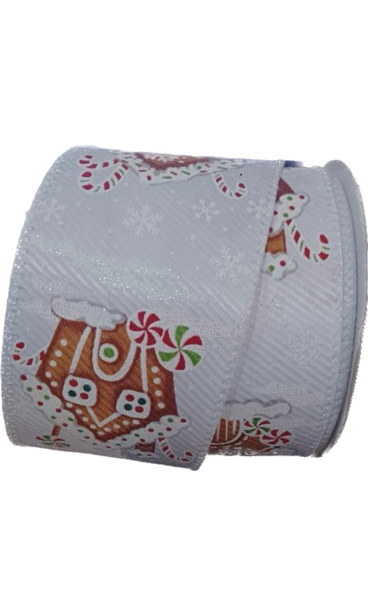 Wired Gingerbread House on White Ribbon-2.5”x10 Yards