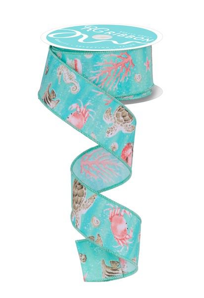 10 Yards - 1.5” Wired Coastal Pattern Turquoise Background Ribbon