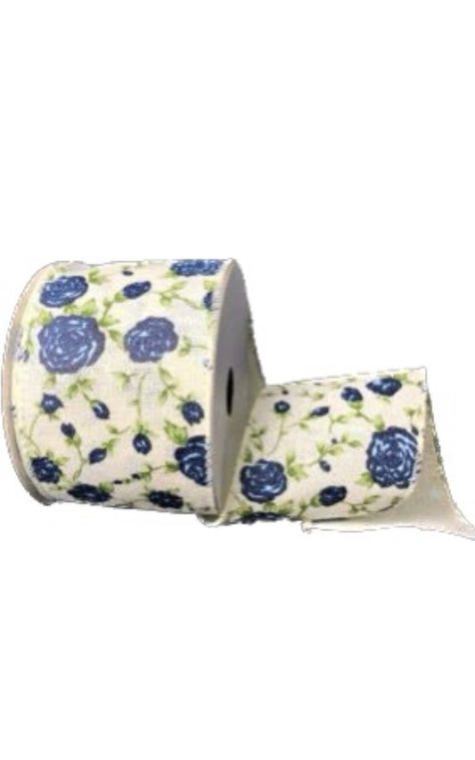Wired Sand Canvas Blue Roses Ribbon-2.5”x10 Yards