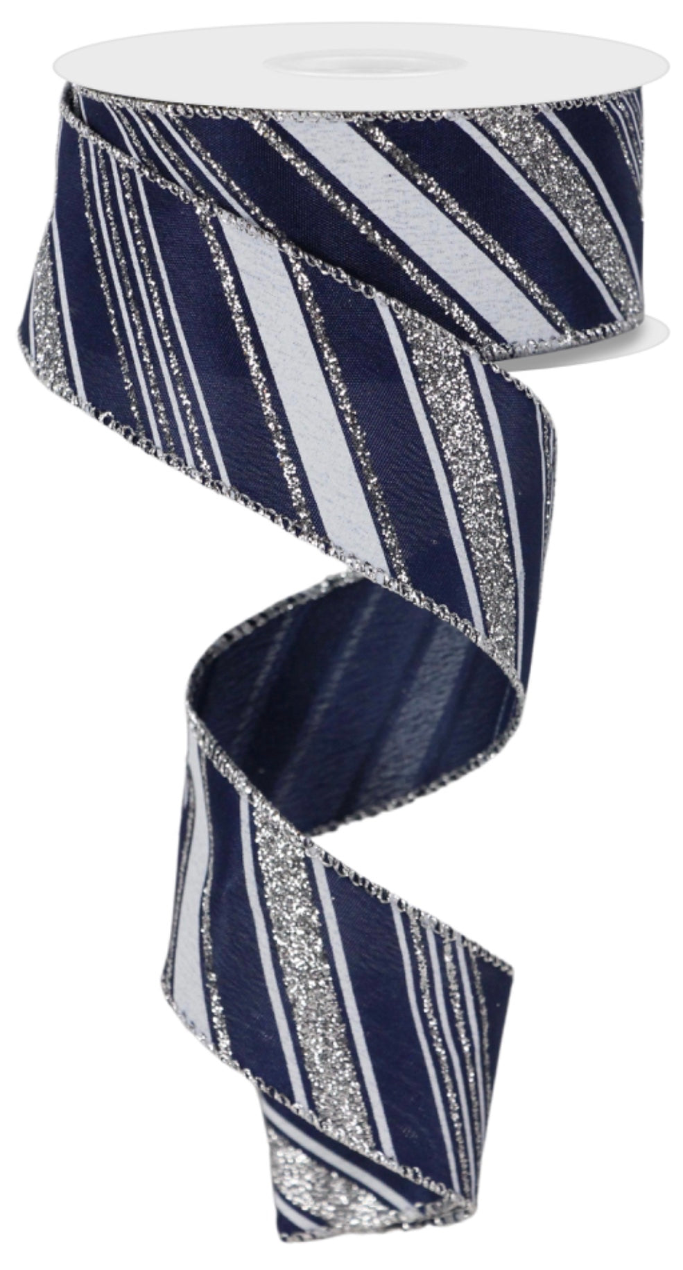 10 Yards - 1.5” Wired Navy Blue, White, and Silver Glitter Swirl Stripe Ribbon