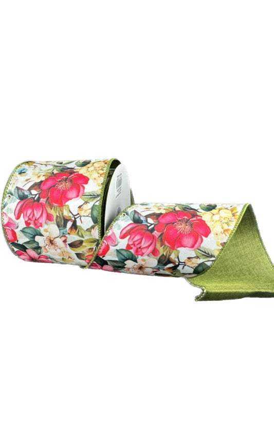 Wired Double Sided Pink-Blush Magnolia Moss Linen Back Ribbon- 4”x10 Yards