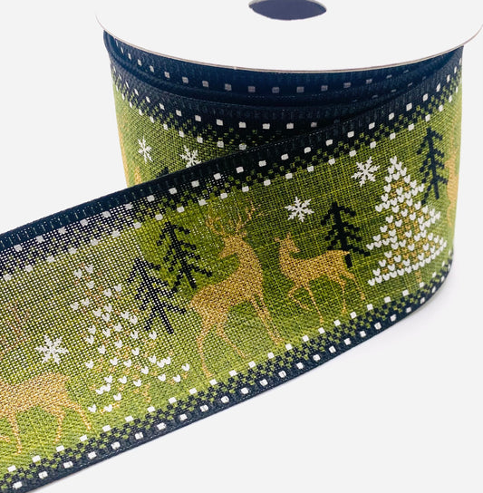 10 Yards - 2.5” Wired Moss Linen Gold Black White Deer Sweater Print Ribbon