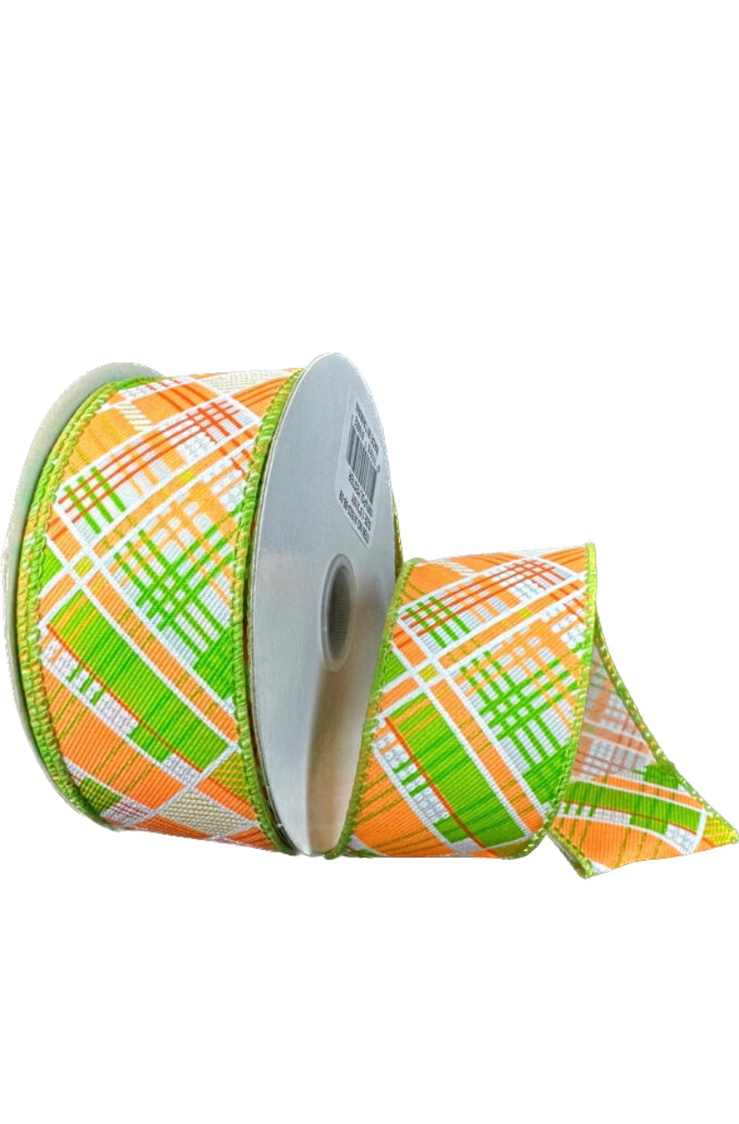 10 Yards - 1.5” Wired Neon Green, Orange, and White Diagonal Cabot Printed Plaid Ribbon