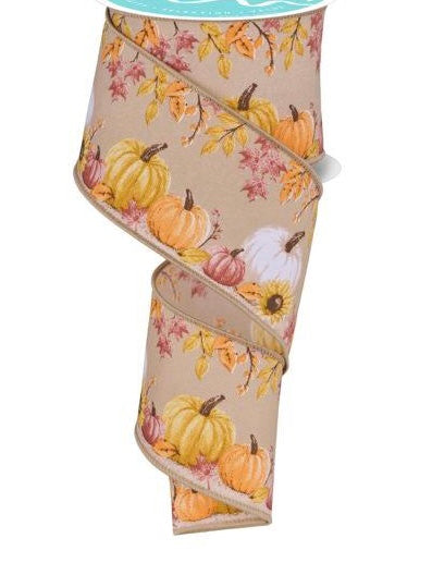 10 Yards - 2.5” Wired Pumpkin and Foliage with Natural Background Ribbon
