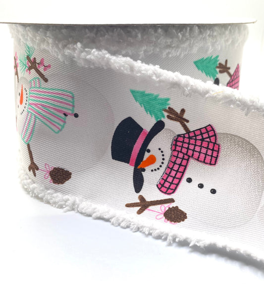 2.5”x 10 Yards- Pastel Snowman Ribbon on White Background with Snowdrift Edge