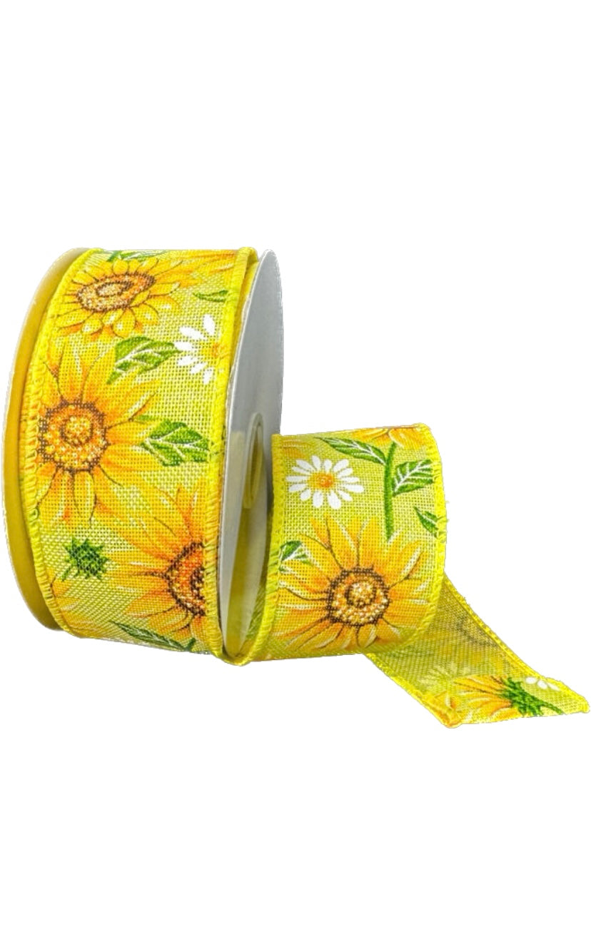 10 Yards - 1.5” Wired Yellow Background Sunflower Ribbon