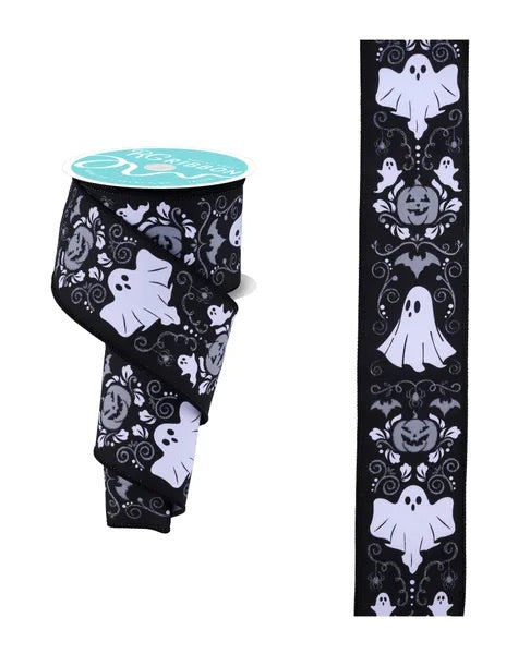 Wired Halloween Ghost and Pumpkin Ribbon- 2.5”x10 Yards