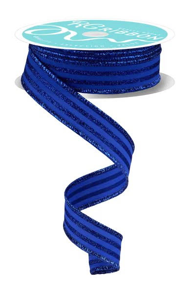 Wired Royal Blue Vertical Stripe Glitter Accent Ribbon- 7/8”x10 Yards