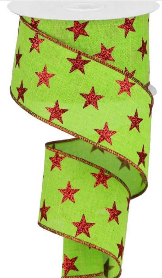 10 Yards - 2.5” Wired Lime with Red Glitter Star Ribbon