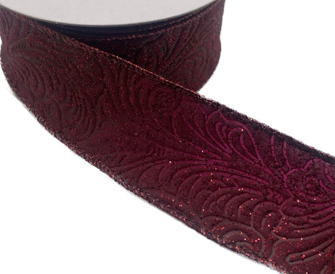 10 Yards - 1.5” Wired Burgundy Glitter with Metallic Edge Floral Embossed Ribbon