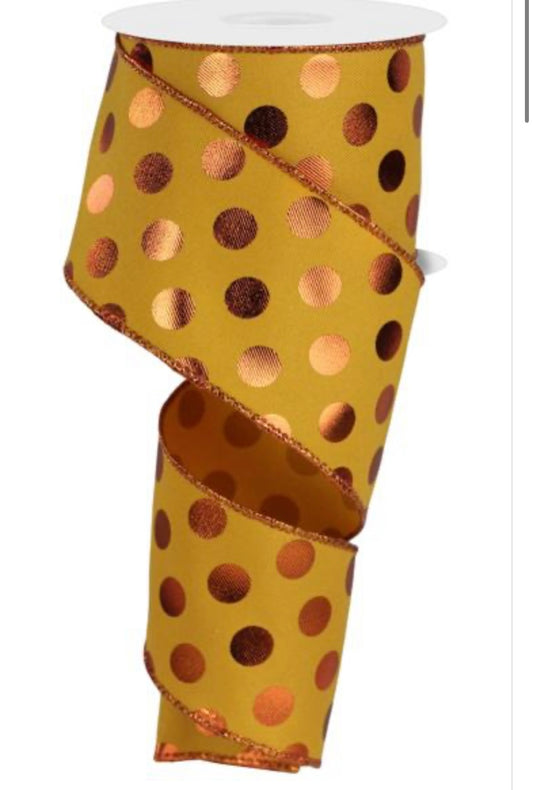 10 Yards - 2.5” Wired Dark Yellow and Copper Metallic Polka Dot Ribbon