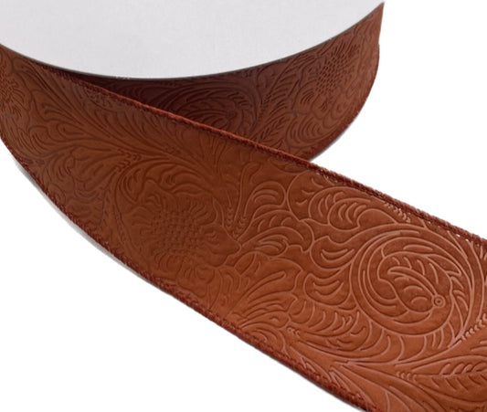 50 Yards - 2.5" Wired Dark Orange Floral Design Embossed Ribbon