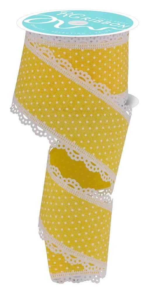 Wired Yellow and White Swiss Dot Ribbon with White Lace Edge-2.5”x10 Yards