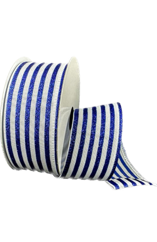 Wired White Ponche Royal Blue Glitter Cabana Strip Ribbon-1.5”x10 Yards