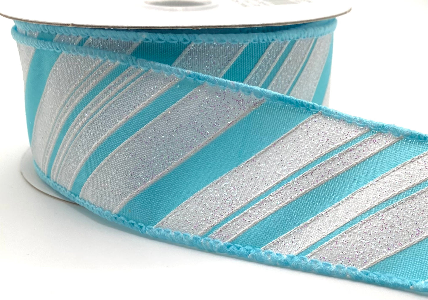 10 Yards - 1.5” Wired White Satin Aqua Iridescent Diagonal Stripe Ribbon