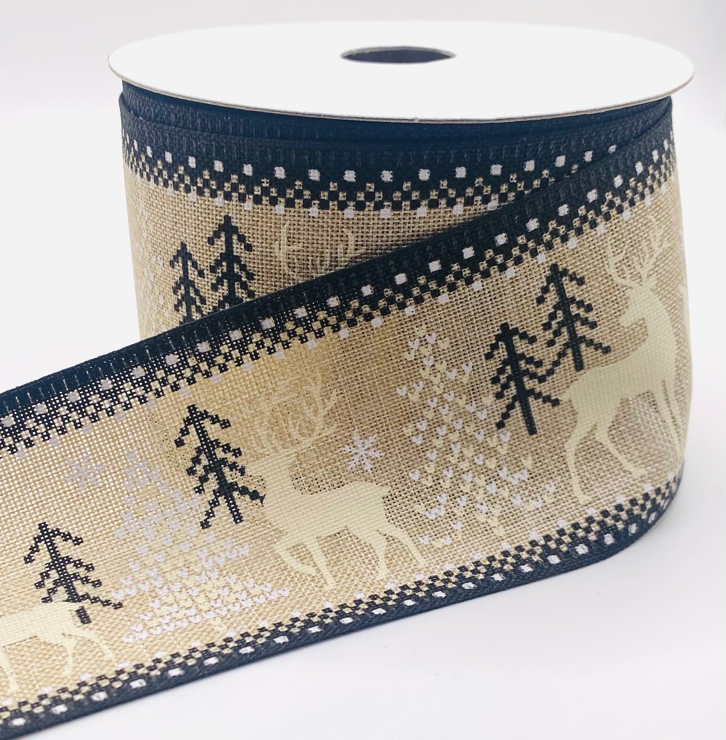 10 Yards - 2.5” Wired Natural Linen Black Ivory White Deer Sweater Print Ribbon