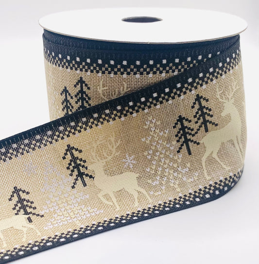 10 Yards - 2.5” Wired Natural Linen Black Ivory White Deer Sweater Print Ribbon
