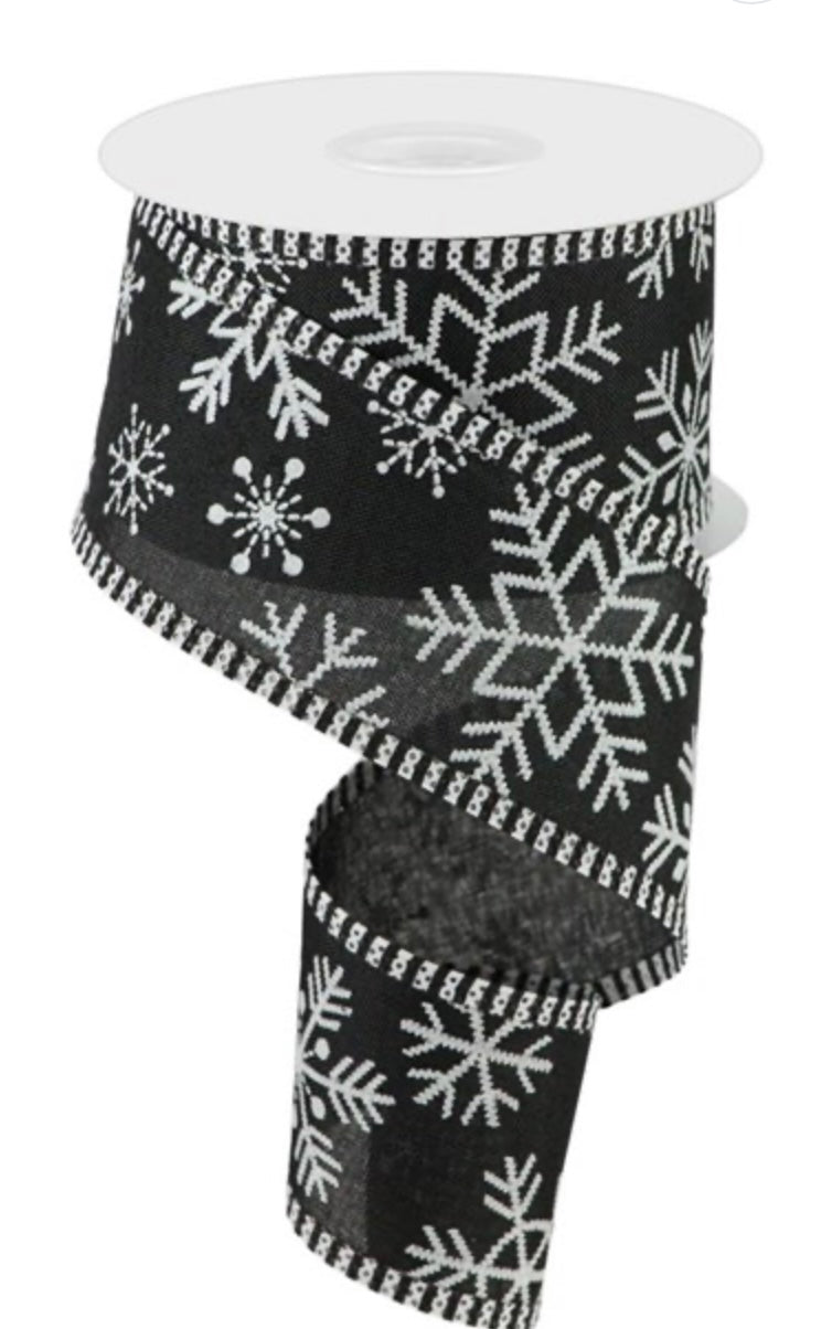 10 Yards - 2.5" Wired Black Background White Snowflake Ribbon