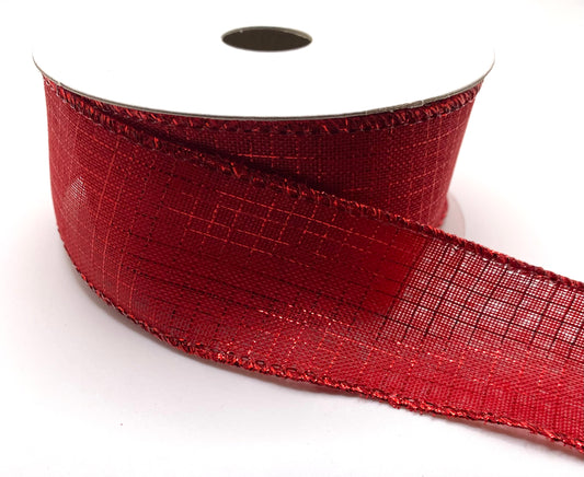 10 Yards - 1.5” Wired Red Linen Metallic Ribbon