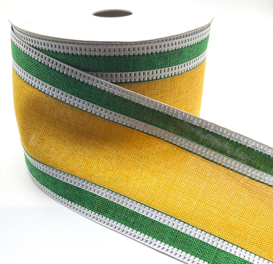 10 Yards - 2.5” Wired Green and Yellow Stripe Ribbon
