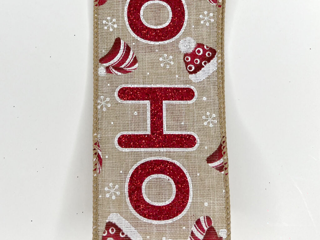 Wired Ho, Ho, Ho on Natural Background Ribbon- 2.5”x10 Yards
