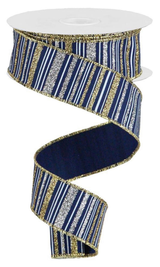 10 Yards - 1.5" Wired Navy Blue, White, Gold, and Silver Glitter Stripe Ribbon